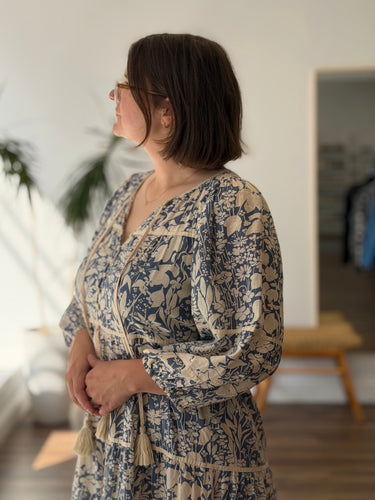 The Great Tassel Tie Blouson Dress in Mariner Blue Island Floral, fits S/M