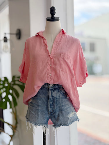 Grayson Pink Linen Half Button Top, 2/Small