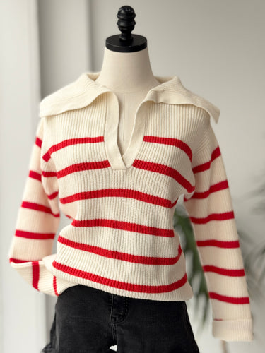 Sezane Tahar Red Stripe Polo Sweater, XXSmall