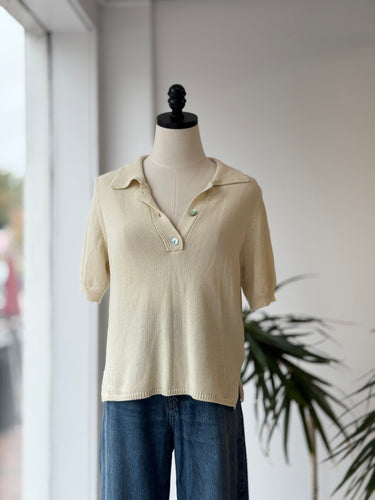 Maison Hotel Cream Cotton Knit Polo Top, Small