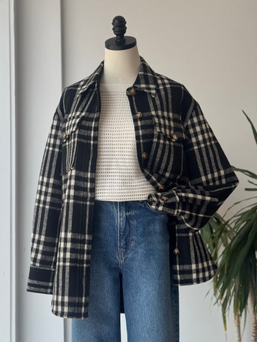 Reformation Giles Black & White Plaid Shirt Jacket, XSmall