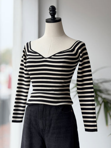ba&sh Black & White Rib Long Sleeve Top, 1/Small
