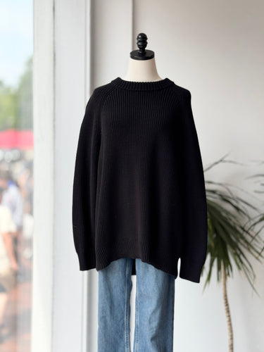 Jenni Kayne Oversized Black Cotton Crewneck Sweater, Medium