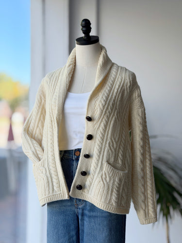 Aran Crafts Ivory Cable Knit Wool Cardigan, Small