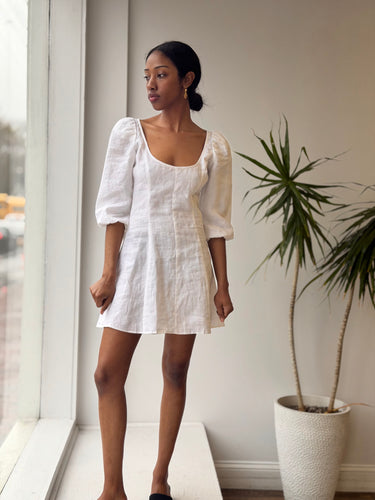 Reformation White Linen Puff Sleeve Mini Dress, 0