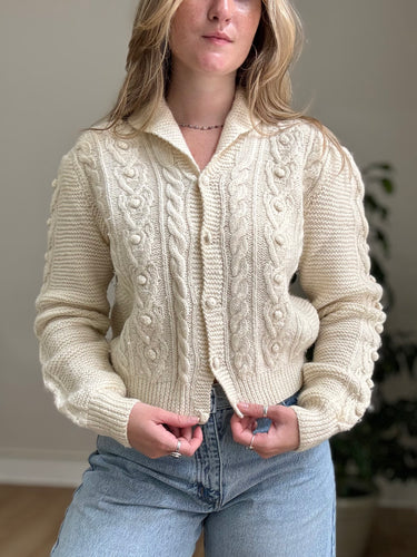 LL Bean Vintage Cream Cable Knit Cardigan , 38