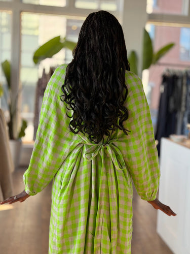 Henrik Vibskov Spring Green Leaf Checkered Linen Dress, Large