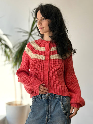 The Great The Textured Stripe Cardigan in Pink, 0/XSmall