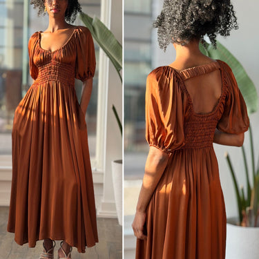 La Ligne Shiny Copper Smocked Midi Dress, XLarge