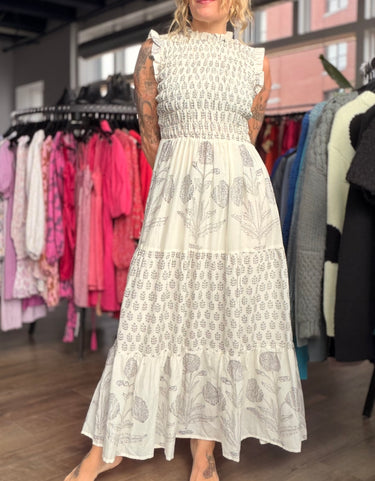 Oliphant Ivory Floral Smocked Maxi Dress, XS