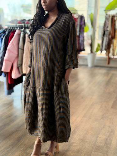South Street Linen Navy & Camel Striped Linen Midi Dress, 3/Large