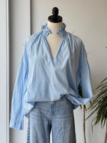 A Shirt Thing Sky Blue Ruffle Collar Top, Large