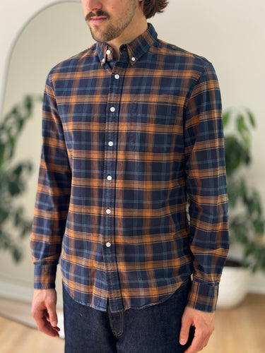 LL Bean Mustard and Navy Button Up, Men's Medium