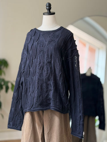 Black Crane Navy Ivory Cable Summer Knit Sweater, Large