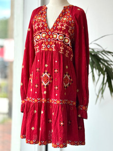 Anthropologie AS IS couple pulls Red Embroidered Dress, XLarge