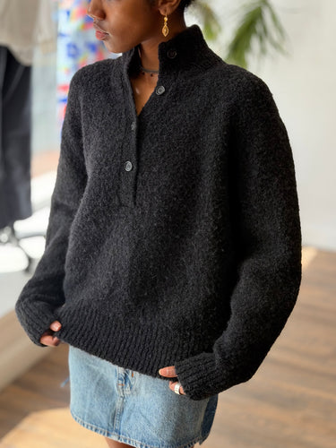 Jenni Kayne Boucle Button Pullover in Black, XSmall