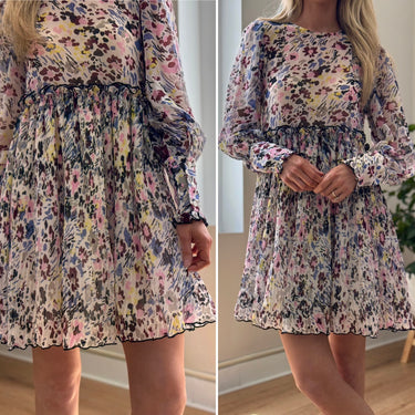 GANNI Floral-Print Plissé-Paneled Georgette Mini Dress, 36/4