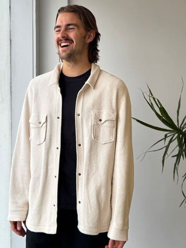 Billy Reid Summer Knit Fleece Shirt Jacket in Beige - couple pulls, Men's XLarge