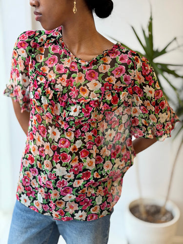 Sezane Watercolor Floral Sheer Blouse, 36/4