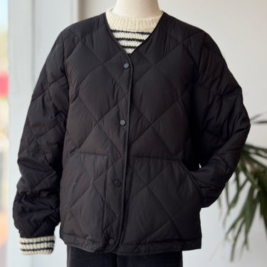 Jenni Kayne Black Quilted Collarless Down Puff Jacket, Large