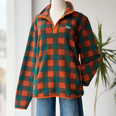 LL Bean Green and Orange Plaid Fleece, Men's Medium