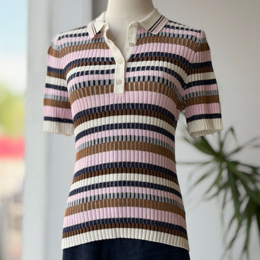GG Blue Knit Stripe Short Sleeve Sweater, Large