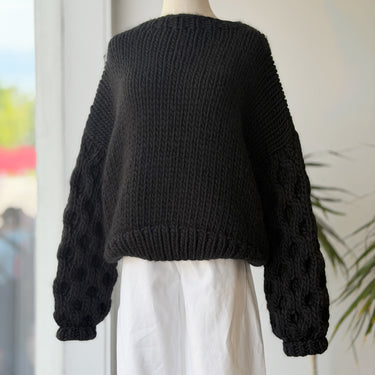 Mr Mittens Cable Knit Sleeve Wool Sweater in Black, XS/S