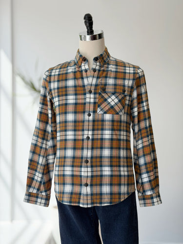 Aztech Mountain Loge Peak Ski Shirt in Gold & Blue Plaid - retail 350, Men's Small