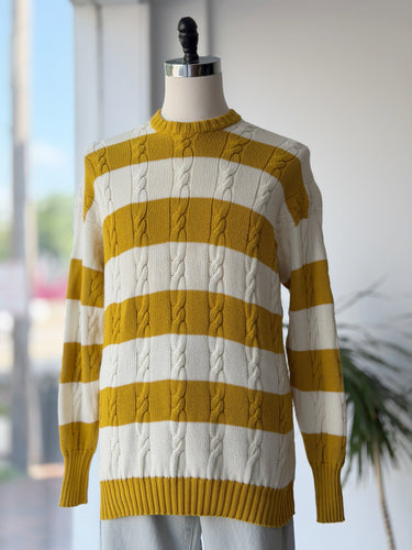 Sulka London Mustard Stripe Cotton Cable Knit Sweater, Men's Large