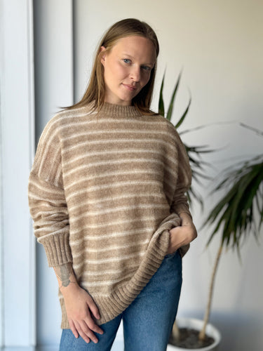 Jenni Kayne NWT Cocoon Crewneck Sweater in Sand Stripe, XLarge
