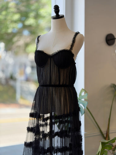 Sau-Lee NWT Camille Black Tulle Ruffle Sheer Dress, US 8