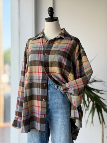 MadHappy Walnut Plaid Wool Flannel Shirt Jacket, Medium