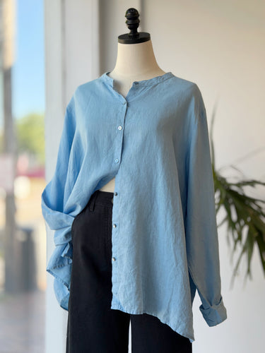 Eileen Fisher Blue Linen Collarless Top, 2XL