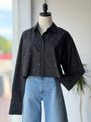 The Noli Shop NWT Cropped Button Up in Black Rhinestone, XSmall