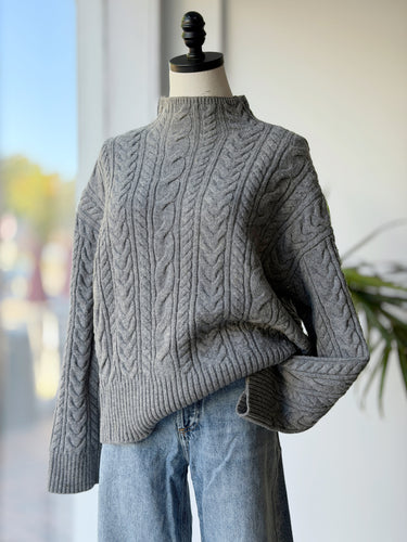COS AS IS Charcoal Cable Knit Wool Mock Neck Sweater, Large