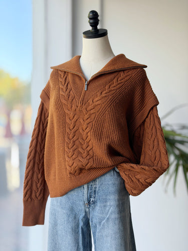 La Ligne Cable Knit Caramel Half Zip Sweater, XSmall