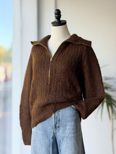 Eleven Six Alpaca Half Zip Chocolate Sweater, XS/S