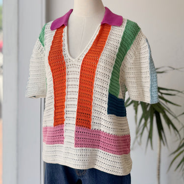 Chinti & Parker Capri Striped Crochet-stitch Polo Shirt, Small