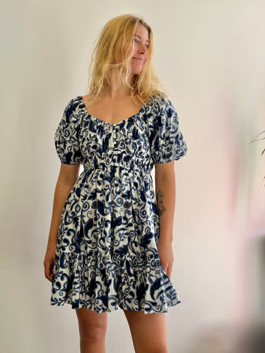 Cleobella Blue Paisley Tie Back Mini Dress, Medium