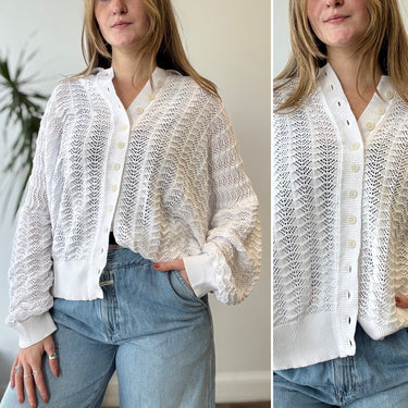 Mr Mittens Pointelle Lightweight Knit Cotton Cardigan in White, M/L