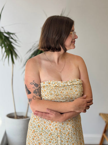 Reformation Lore Yellow Floral Strapless Dress, 10