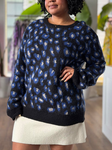 APC Blue Leaopard Print Sweater- as is, faint stains, XL