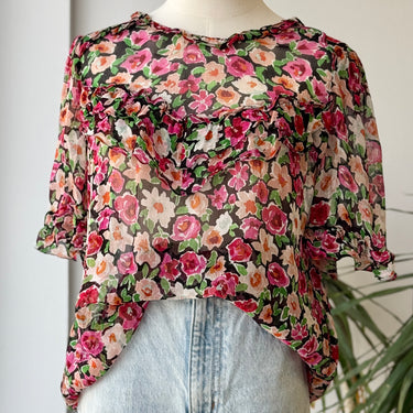 Sezane Watercolor Floral Sheer Blouse, 36/4