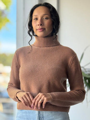 Jenni Kayne Wool Cashmere Crop Turtleneck Sweater in Dark Camel, XSmall