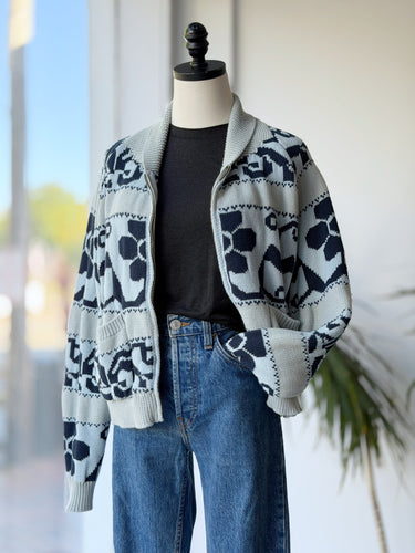 Pink Pineapple Blue Patterned Knit Zip Cardigan, Medium