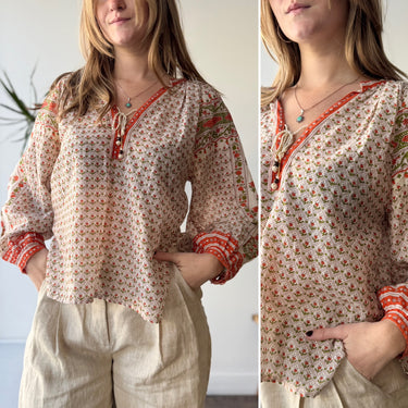 Emerson Fry India Collection Orange Block Print Blouse, Small