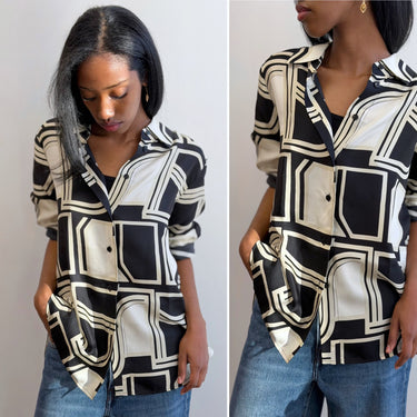 Closed 100% Silk Abstract Print Button Down Blouse, Medium