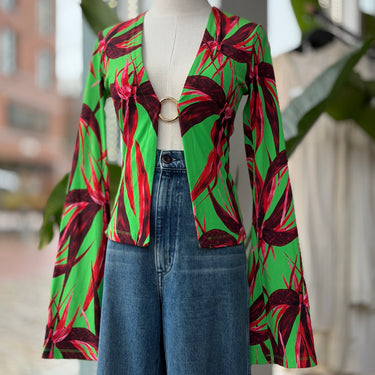 Louisa Ballou Green Printed Jersey Ribbed Cardigan, Large