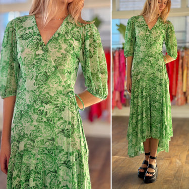 Ganni Green Floral Mesh Wrap Dress, 34