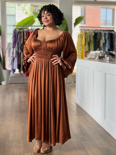 La Ligne Shiny Copper Smocked Midi Dress, XLarge
